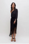 ASYMETRICAL TOP WITH FRINGES AND BLACK CREPE SKIRT
